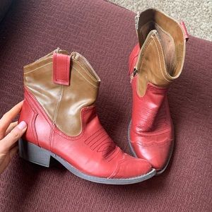 Maroon red tan brown cowboy ankle boots faux leather